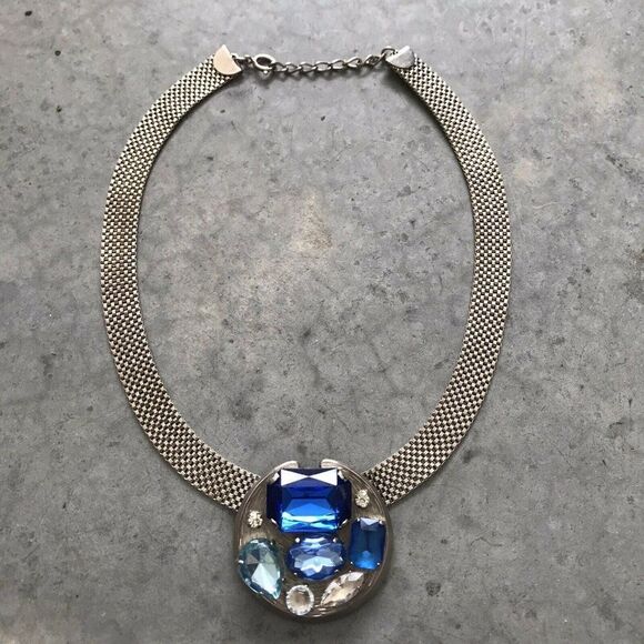 1980s Statement Blue Silver Crystal Stainless Steel Pendant Chainlink Necklace - Picture 9 of 10